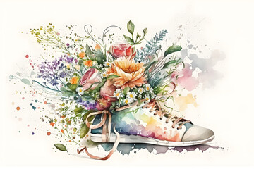 Sneakers with colorful spring flowers watercolor. Illustration by Generative Ai
