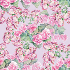 Watercolor seamless pattern with pink roses and  begonia on pink background.  