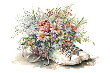 Illustration of spring flowers in shoes in a watercolor style. Illustration by Generative Ai
