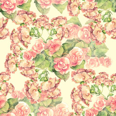 Watercolor seamless background with roses and begonia on cream background. 