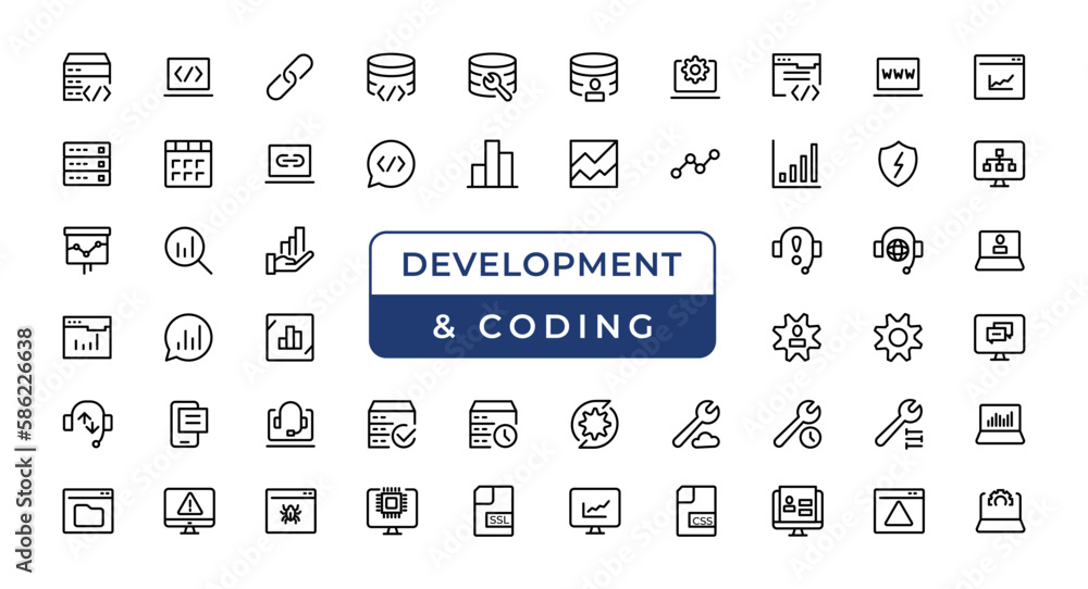 Poster set of web development & coding icons. line art style icons bundle. vector illustration