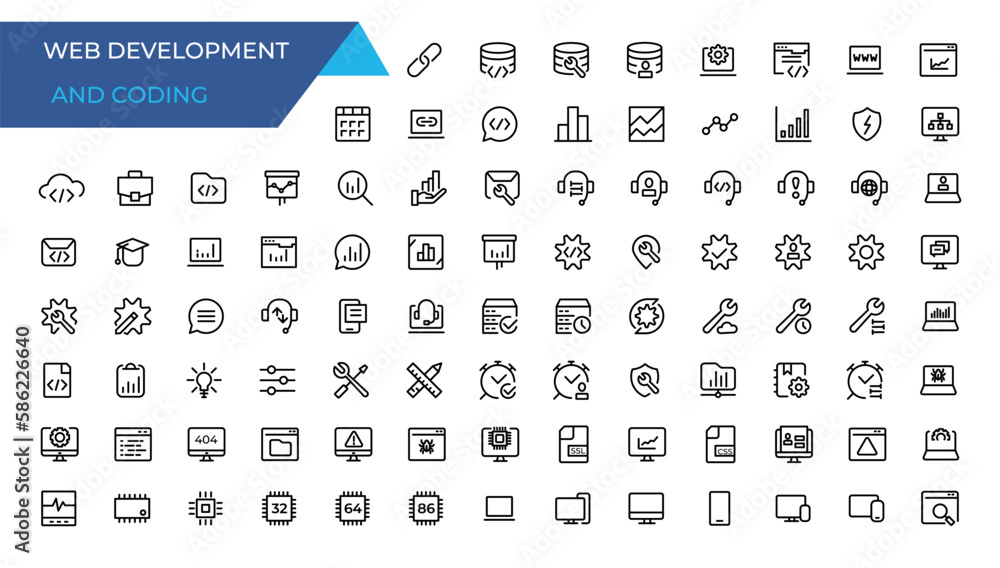 Poster set of web development & coding icons. line art style icons bundle. vector illustration