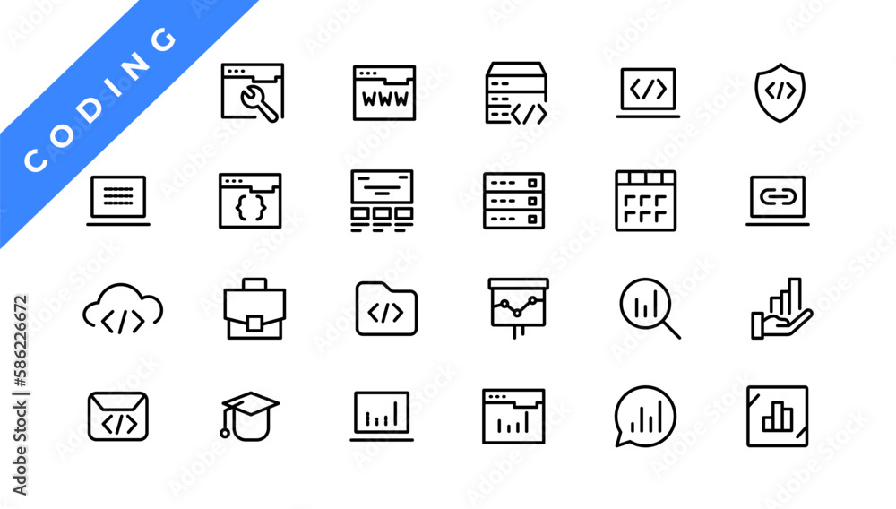 Poster set of web development & coding icons. line art style icons bundle. vector illustration