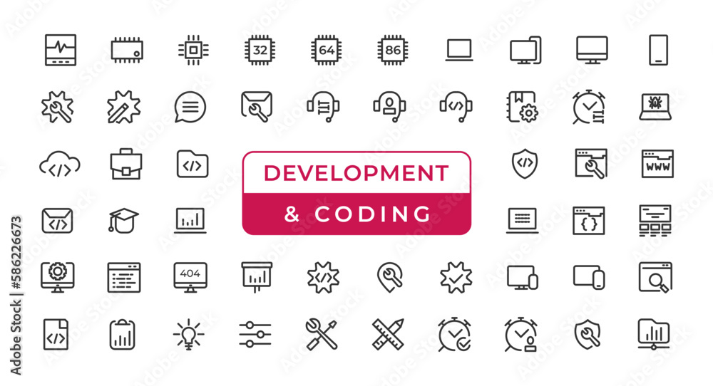 Poster set of web development & coding icons. line art style icons bundle. vector illustration
