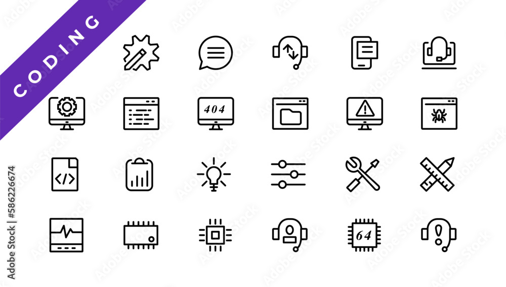 Poster set of web development & coding icons. line art style icons bundle. vector illustration