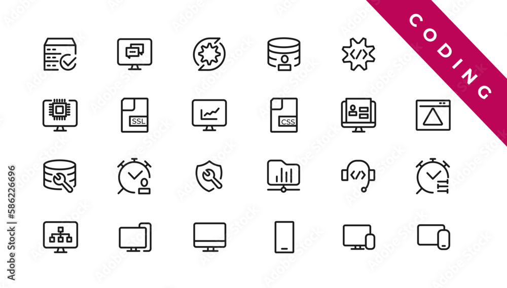 Poster set of web development & coding icons. line art style icons bundle. vector illustration