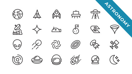 space and planet Vector Line Icons, thin line style.Contains such Icons as space, planet, alien, solar, astronaut, technology, space travels, stars, exploration And Other Elements