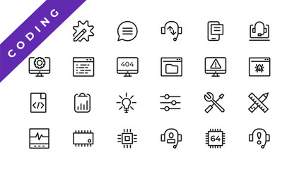 Set of web Development & Coding icons. Line art style icons bundle. vector illustration