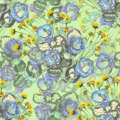 Floral seamless pattern with wild watercolor flowers on green background. 