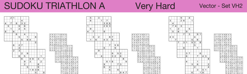 A set of 3 very hard scalable sudoku Triathlon A puzzles suitable for kids, adults and seniors and ready for web use, or to be compiled into a standard or large print activity book.
