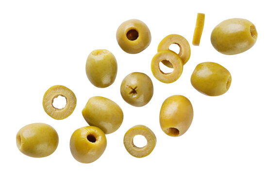 Green olives and slices flying on a white background. Isolated