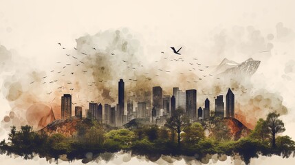 An image of a city skyline blended with natural elements like clouds