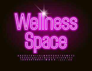 Vector glowing sign Wellness Space. Pink electric Font. Neon illuminated Alphabet Letters, Numbers and Symbols set