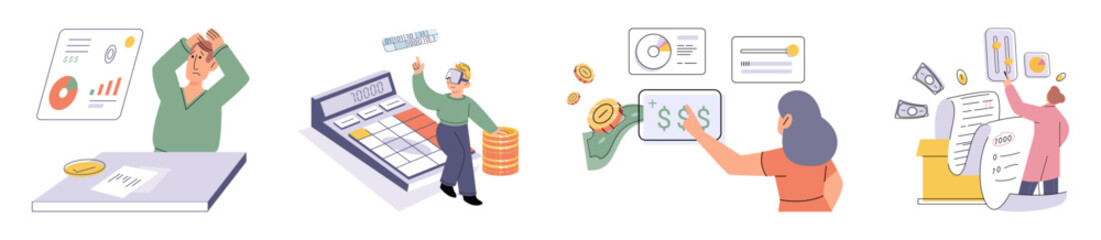 Set of people analyzing personal or corporate budget. Concept of finance accounting and calculation of financial income and expenses report. Financial consultant with document for tax computation