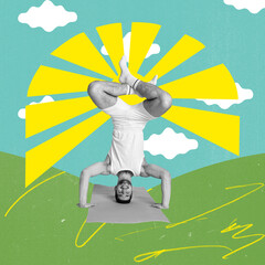 Smiling young man training outdoors, doing yoga exercises, standing on head. Energy and relaxation. Contemporary art collage. Concept of sportive lifestyle, art, creativity. Colorful design.