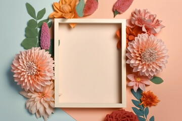 Empty photo frame decorated with flowers on pastel background. Empty space for text. Mock up with free copy space. Flat lay, top view. AI generated