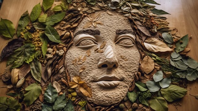 An image of a person's face made out of natural elements, such as leaves, flowers, and branches, with the Earth in the background, to symbolize our connection to and dependence - Generative AI
