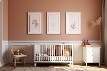 Modern minimalist nursery room in scandinavian style. Baby room interior in light colours, AI generated image - obrazy, fototapety, plakaty