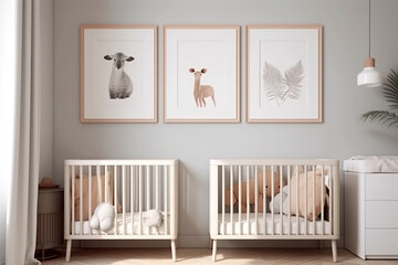 Fototapeta na wymiar Modern minimalist nursery room in scandinavian style. Baby room interior in light colours, AI generated image