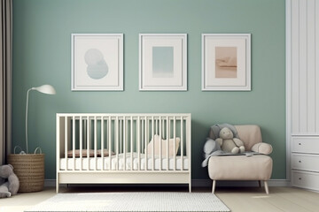 Modern minimalist nursery room in scandinavian style. Baby room interior in light colours, AI generated image - obrazy, fototapety, plakaty
