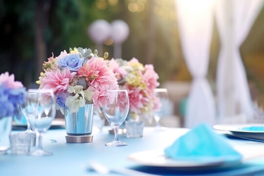 Wedding table decorations in pink and blue. Floral design, special event table set up, wedding outdoor celebration party, banquet. AI generated image