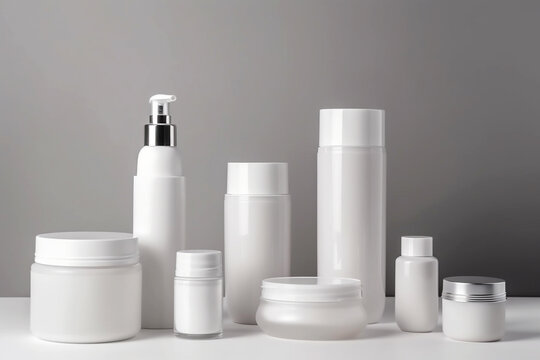 Different types of white cosmetic containers on light background. Realistic bottle mockup set, clean 3D plastic containers for creams, body lotion, soap, liquid gel. Unbranded cosmetic. AI generated.