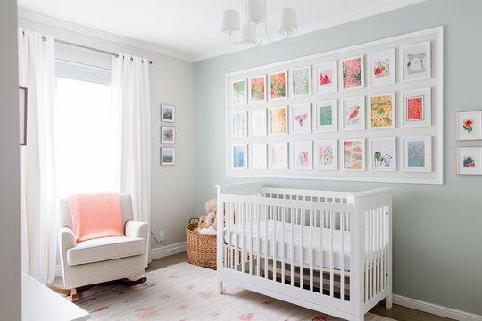 Modern minimalist nursery room in scandinavian style. Baby room interior in light colours, AI generated image
