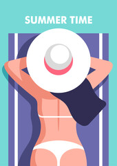 Summer time. Concept of summer vacation and travel. Young woman sunbathing on the beach in a hat. Vector illustration in minimalistic style for posters, cover art, flyer, banner.