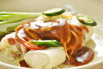 fresh Chinese spring roll made from flour wrapped tofu and pork with bean sprout dressing sweet red gravy sauce on plate