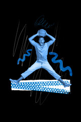 Creative abstract template graphics collage image of funny impressed guy playing basketball isolated drawing background