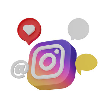 3D Render Instagram Logo Isolated On Transparent Background. Social Media Icons Like Notifications Speech Bubble Icon, Heart, Love, Comment.