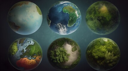 Obraz premium An image of the Earth with different ecosystems, such as forests, oceans, and deserts, each represented by a different texture or material, such as moss, sand, or water droplets - Generative AI