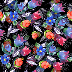 Watercolor seamless background with meadow flowers on black background. 