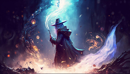 Dark wizard conjuring an evil spell. He has a wand, hat and cape. Digital illustration.