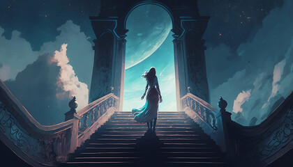Beautiful woman standing on a staircase at night. Digital art style.