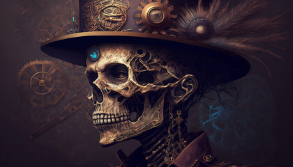 Steampunk skull face portrait with a hat. Digital art style.
