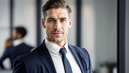 Fototapeta premium Young businessman looking at camera with confidence in a suit