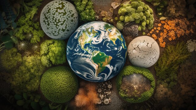 An image of the Earth with different ecosystems, such as forests, oceans, and deserts, each represented by a different texture or material, such as moss, sand, or water droplets - Generative AI