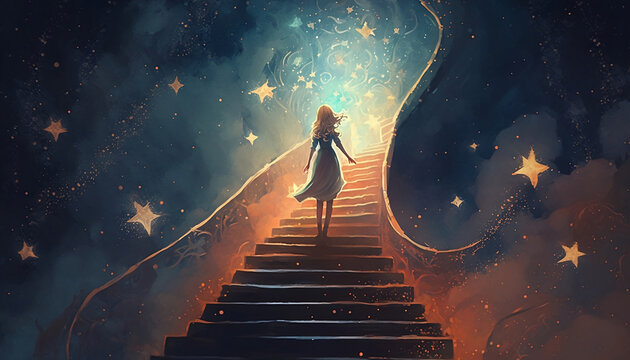 Young woman standing on a fantasy staircase reaching the stars in the sky. illustration painting