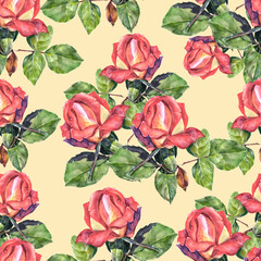Watercolor seamless pattern with roses on beige background.  Illustration for fabric and decorative paper. 