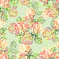 Watercolor flowers rose. Ornament from flowers and leaves on a green background. Spring seamless pattern.