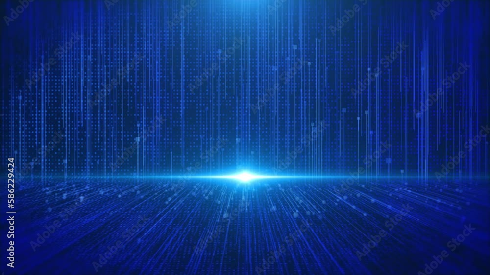 Poster Technology blue line flow up and fly through moving in cyberspace concept. Big data stream line data transmission 3d futuristic 4K motion loop background.