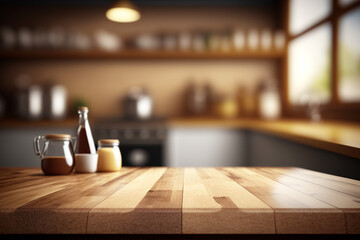 Empty wooden tabletop with blurred kitchen background. Mock up, kitchen counter background for montage product display. AI generated