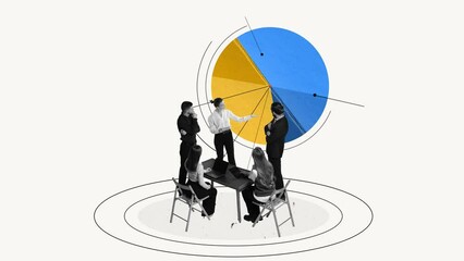 Meeting. Employees having briefing, discussing current working statistics and analyzing working strategies. Stop motion, animation. Contemporary art. Concept of business, career development, teamwork