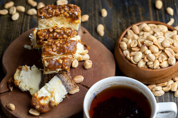 Cheesecake made of soft fresh cheese and peanuts