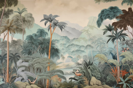 Fototapeta wallpaper jungle and leaves tropical forest birds old drawing vintage - generative ai 