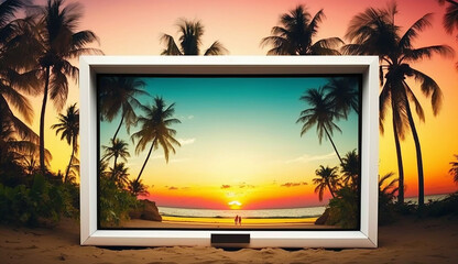Blank advertising billboard with the tropical beach landscape during sunset. Generative AI.