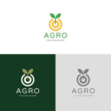 Vector flat agricultural plant logo with leaves and circles on white background. Biotechnology concept. Illustration for agro, farming and livestock business.