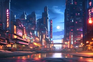 Tokio City bei Nacht, gezeichnet, AI