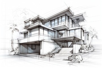 Sketch of modern cozy villa house on the white background. Design stages of luxury villa architecture drawing.  Generative AI